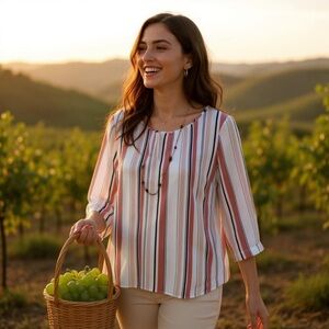 VAN HEUSEN Women's 3/4 Sleeve Stripe  Crewneck Mixed Media Top